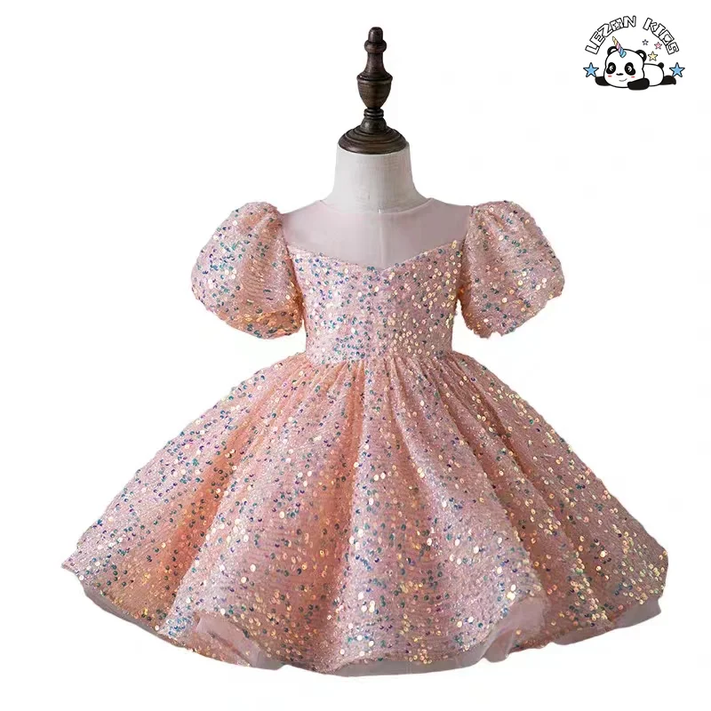 LEZONKIDS - Vestido Princesa Lantejoulas Personalizado para Meninas, Vestido de Festa de Aniversário, Vestido de Noiva para Crianças